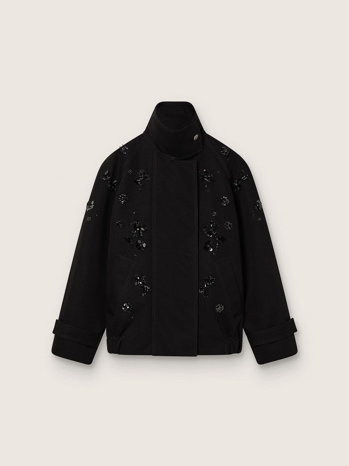 Women’s oversized jacket in black cotton twill with floral sequin embroidery | Golden Goose