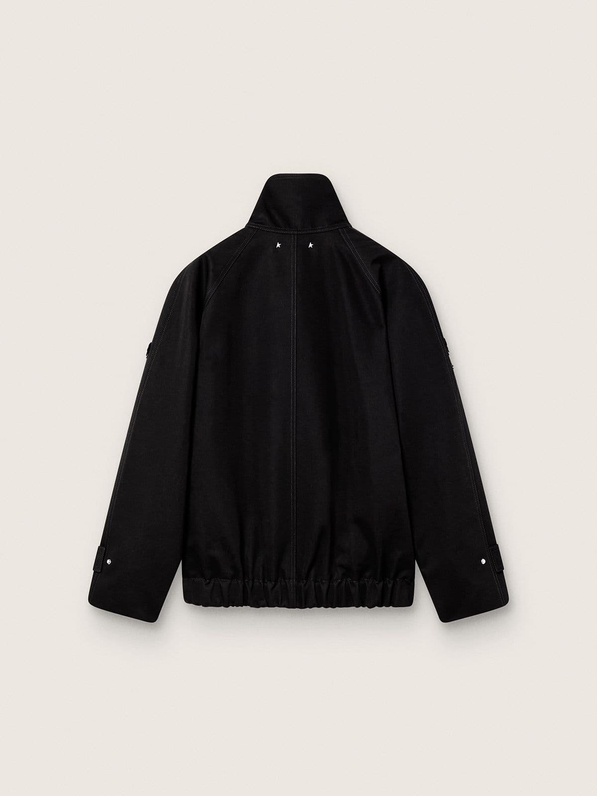 Women’s oversized jacket in black cotton twill with floral sequin embroidery | Golden Goose