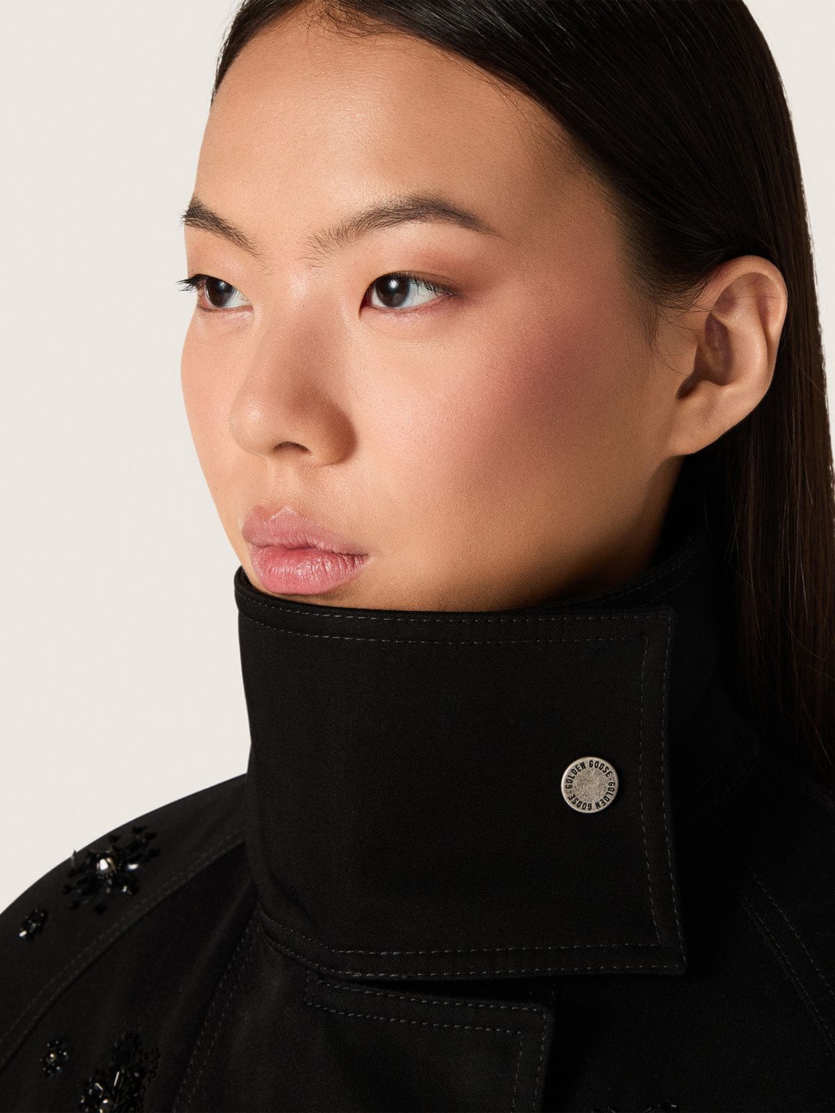 Women’s oversized jacket in black cotton twill with floral sequin embroidery | Golden Goose