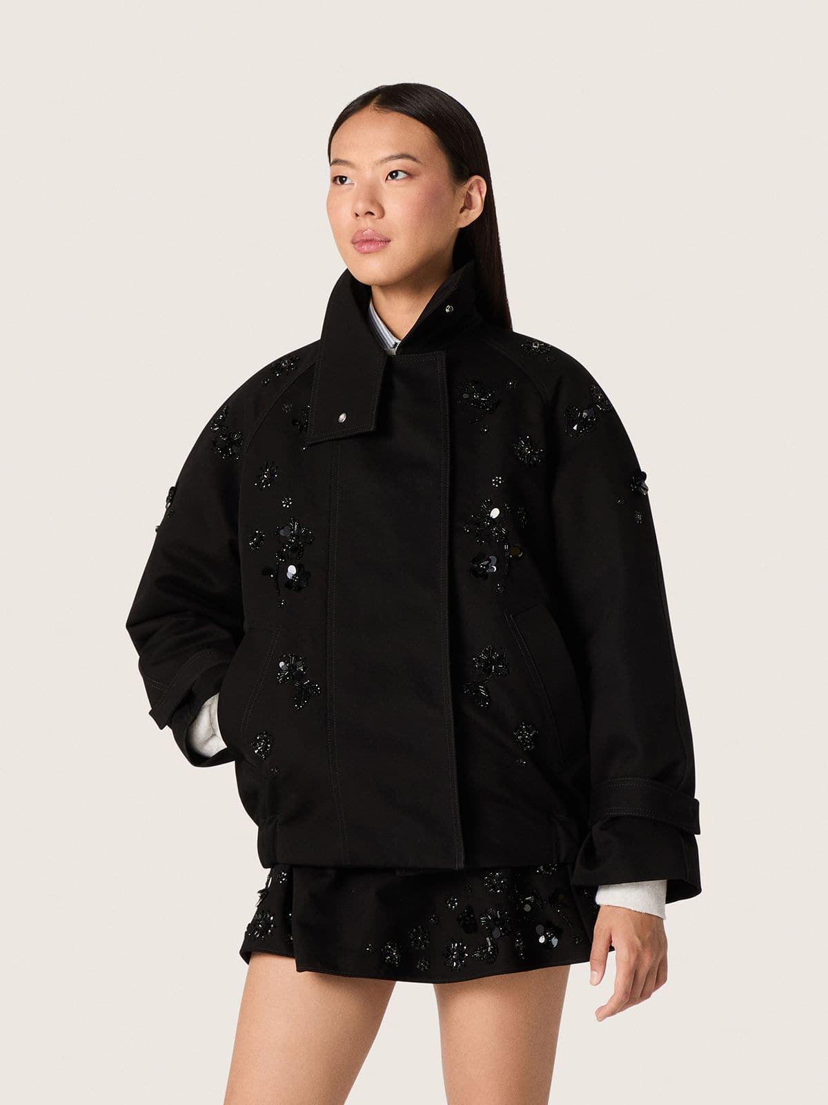 Women’s oversized jacket in black cotton twill with floral sequin embroidery | Golden Goose