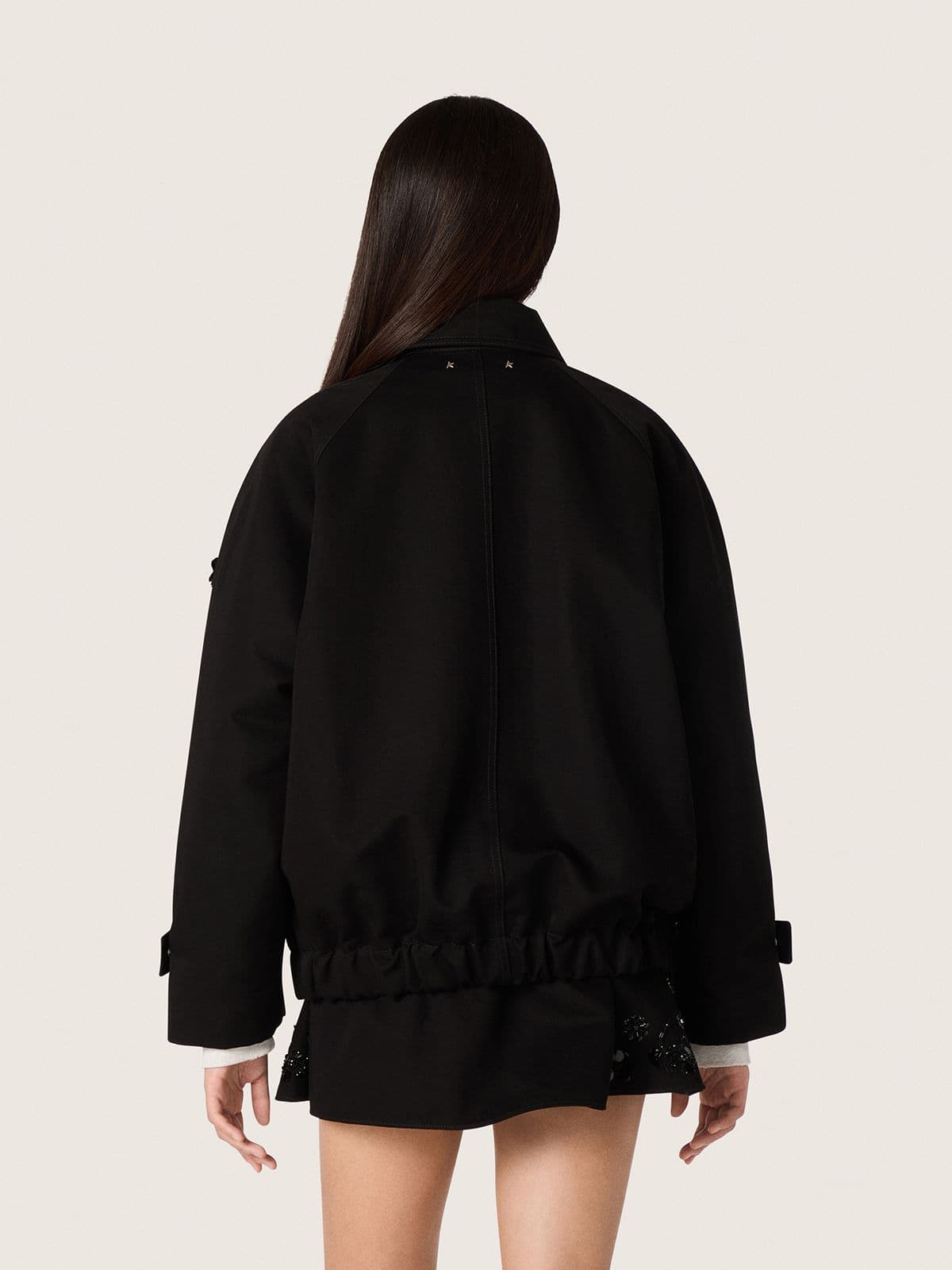 Women’s oversized jacket in black cotton twill with floral sequin embroidery | Golden Goose