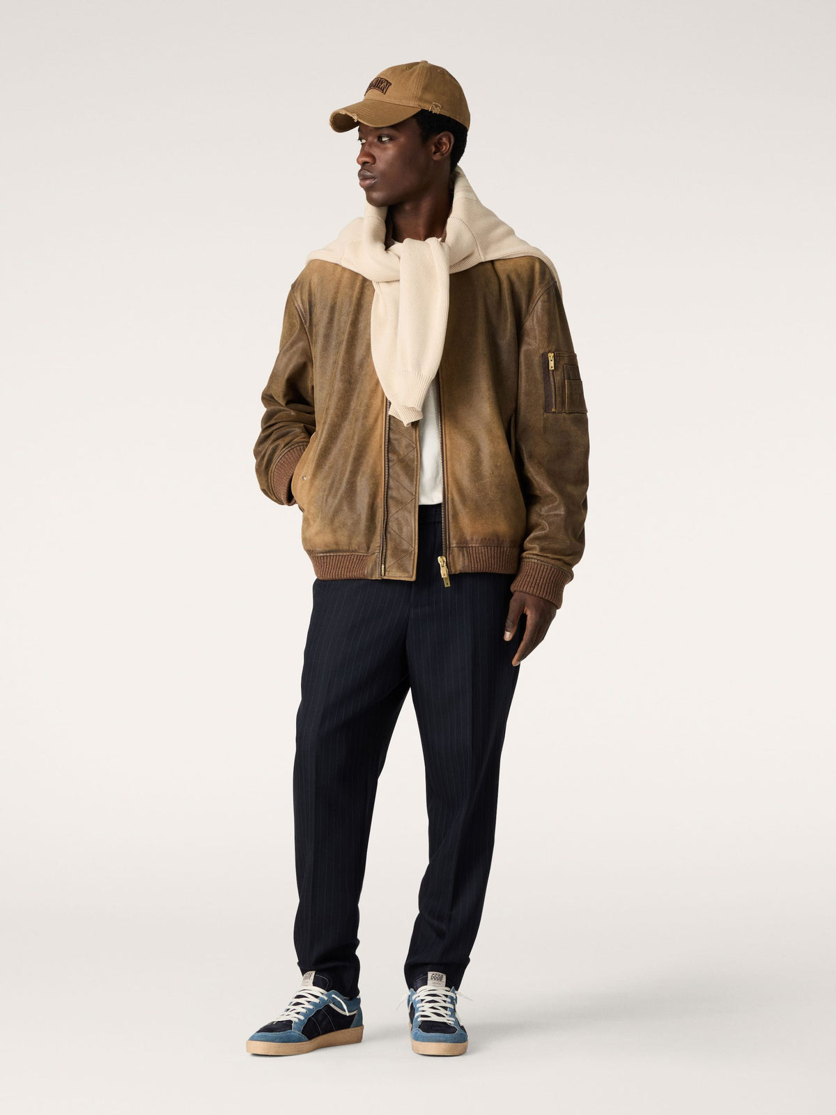 Brown leather biker jacket with a lived-in effect | Golden Goose