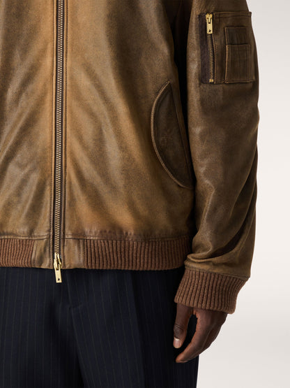 Brown leather biker jacket with a lived-in effect | Golden Goose