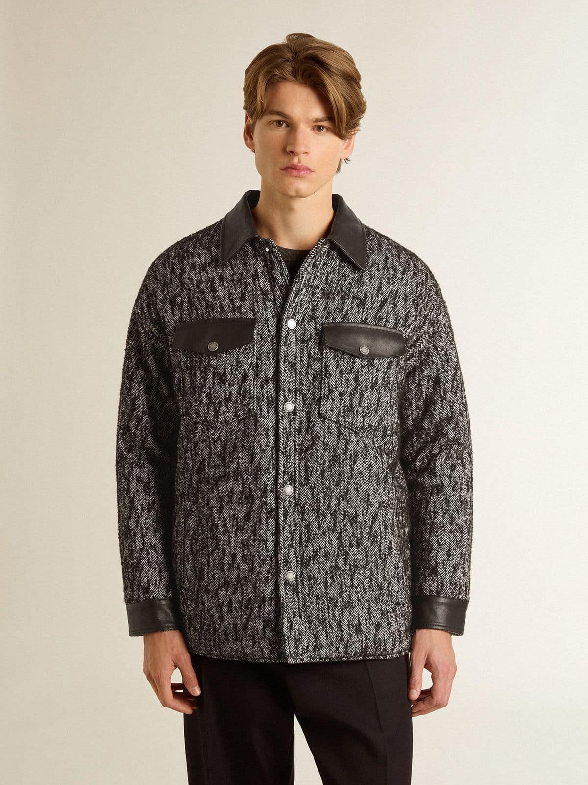 Gray herringbone jacket with black leather details | Golden Goose