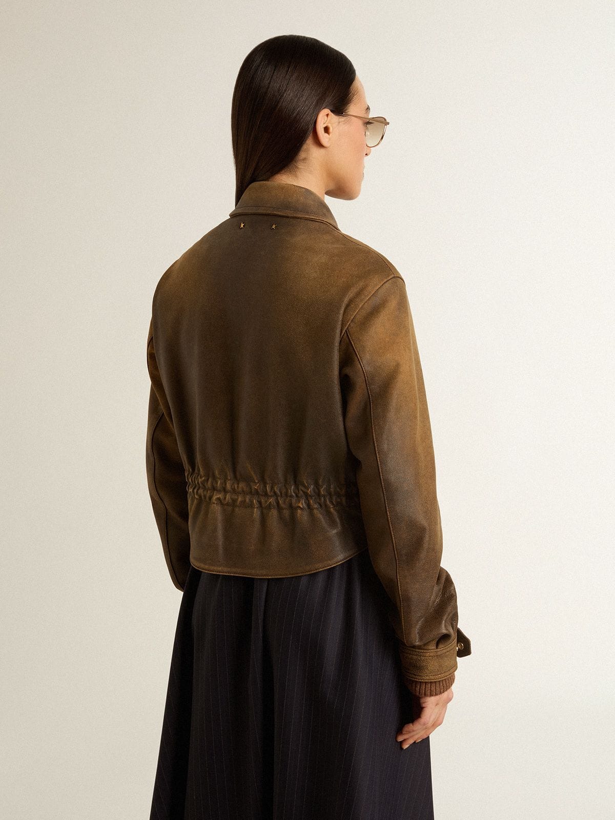 Women’s cropped brown leather biker jacket with zip | Golden Goose