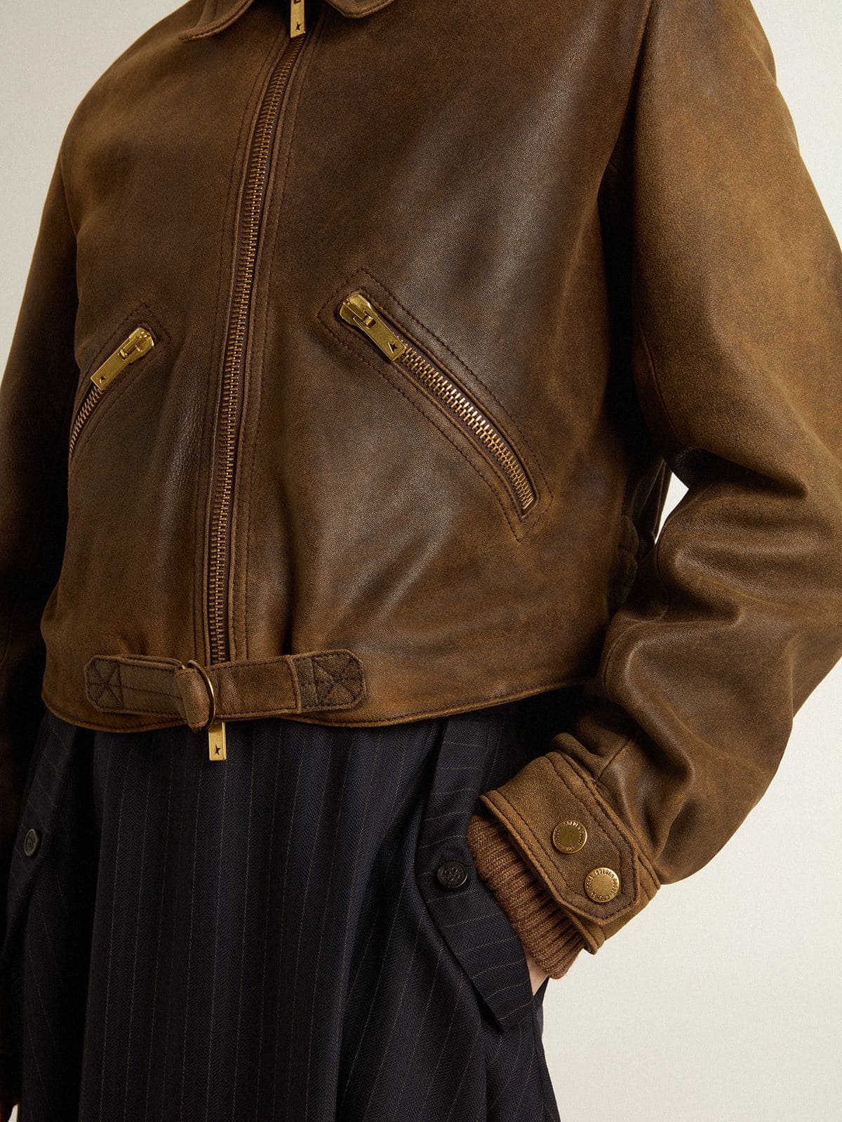 Women’s cropped brown leather biker jacket with zip | Golden Goose