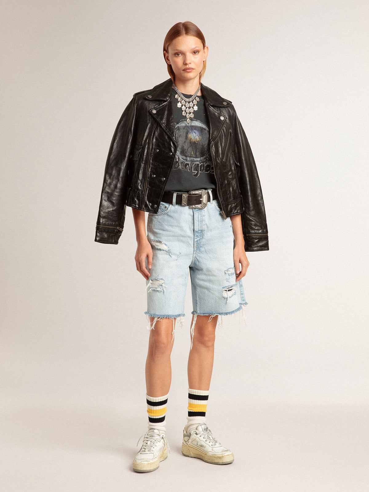 Women’s black leather biker jacket with glossy effect | Golden Goose