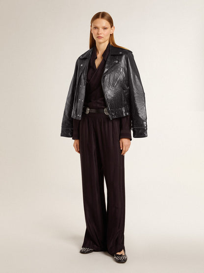 Women’s black leather biker jacket with glossy effect | Golden Goose