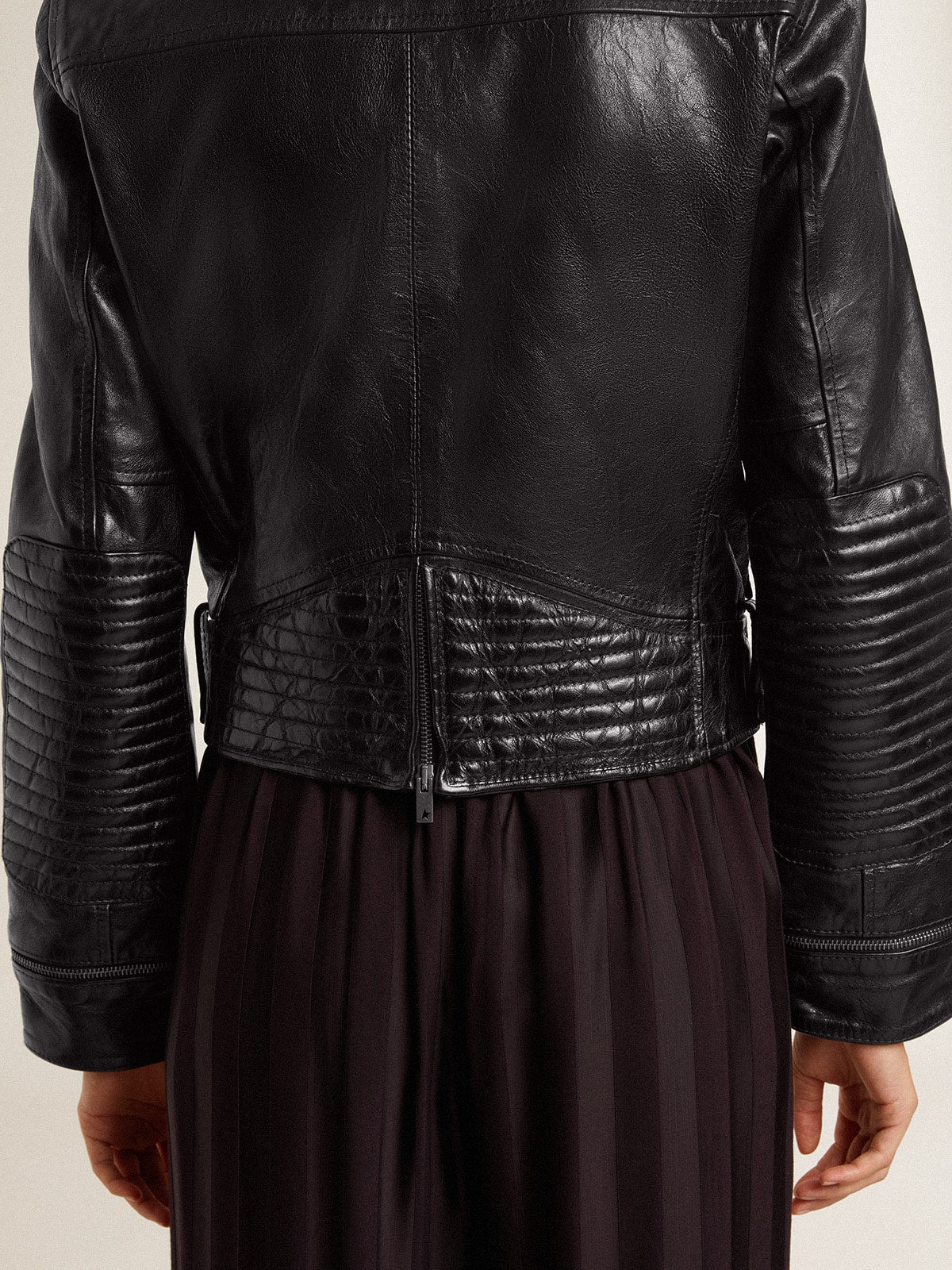 Women’s black leather biker jacket with glossy effect | Golden Goose