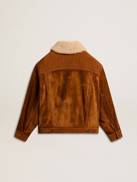 Women's jacket in tobacco-colored split leather with a shearling collar | Golden Goose
