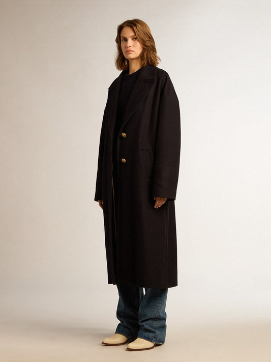 Women's single-breasted cocoon coat in dark blue wool with gold button | Golden Goose
