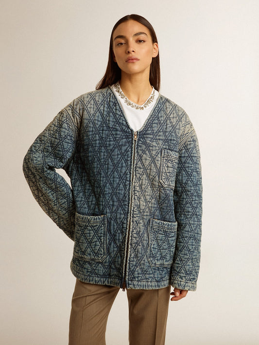 Women's blue quilted jacket in cotton denim with distressed finish | Golden Goose