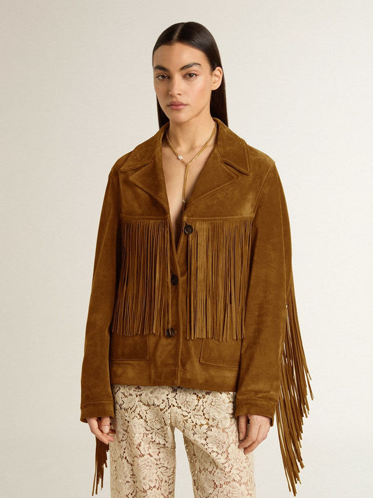 Women’s tobacco-colored suede jacket women with fringes | Golden Goose