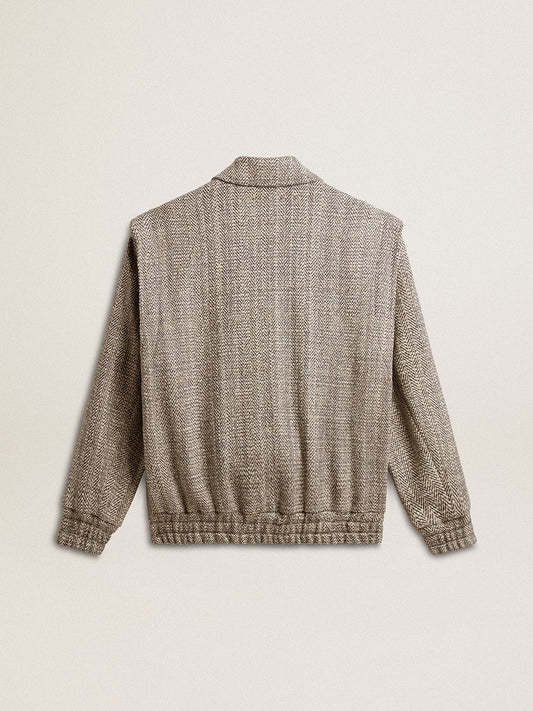 Women's bomber jacket in ecru brown herringbone wool | Golden Goose