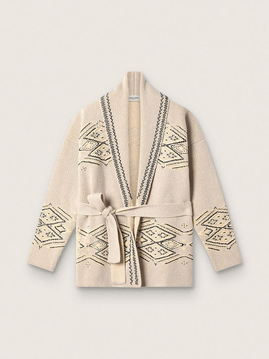 Women's belted cardigan in beige wool blend with contrast embroidery | Golden Goose
