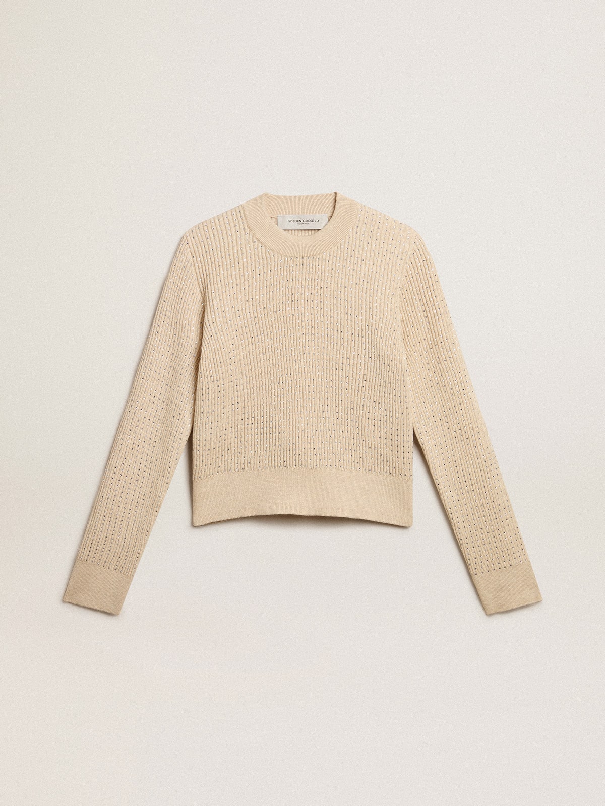Cropped round-neck sweater in beige wool with all-over crystals | Golden Goose