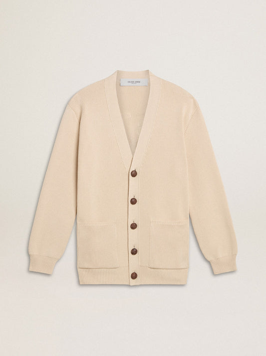 Women’s beige cardigan with 'Golden' lettering on the back | Golden Goose