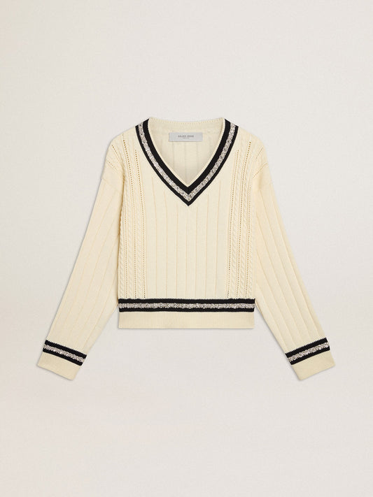 Women's cable-pattern cropped sweater with blue ribbing and crystals | Golden Goose