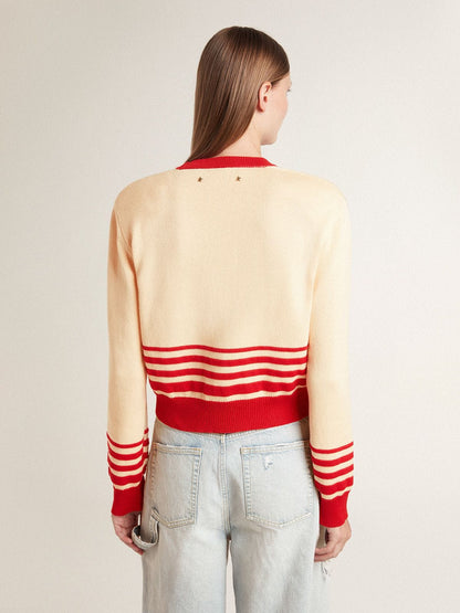 Women's cardigan in cream with red stripes | Golden Goose
