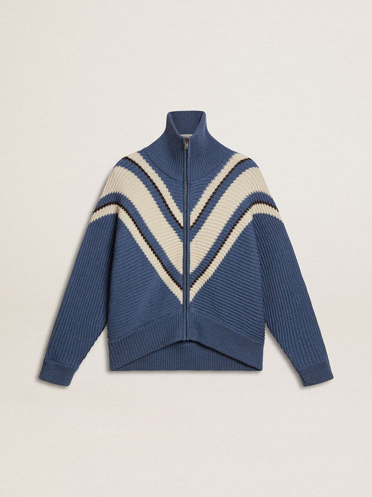 Women's light blue jacquard wool sweater with cream-colored pattern | Golden Goose