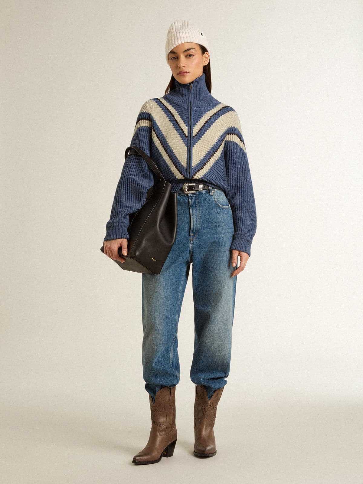 Women's light blue jacquard wool sweater with cream-colored pattern | Golden Goose