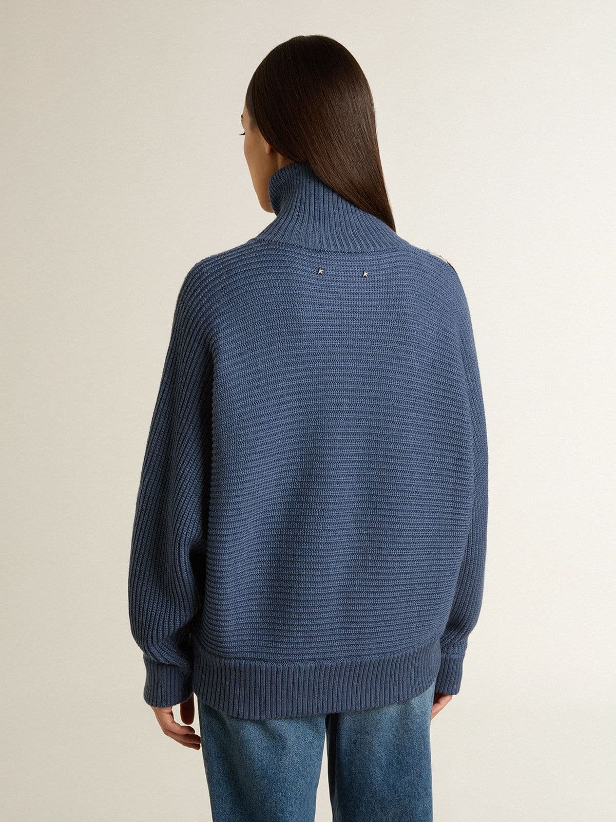 Women's light blue jacquard wool sweater with cream-colored pattern | Golden Goose