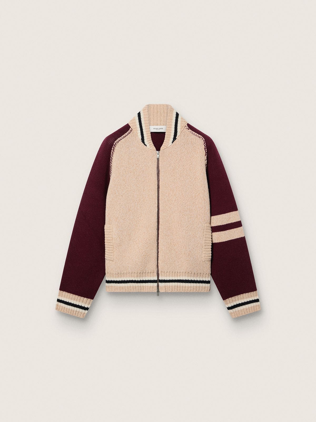 Unisex bomber jacket in white and burgundy jacquard knit | Golden Goose