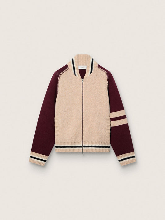 Unisex bomber jacket in white and burgundy jacquard knit | Golden Goose