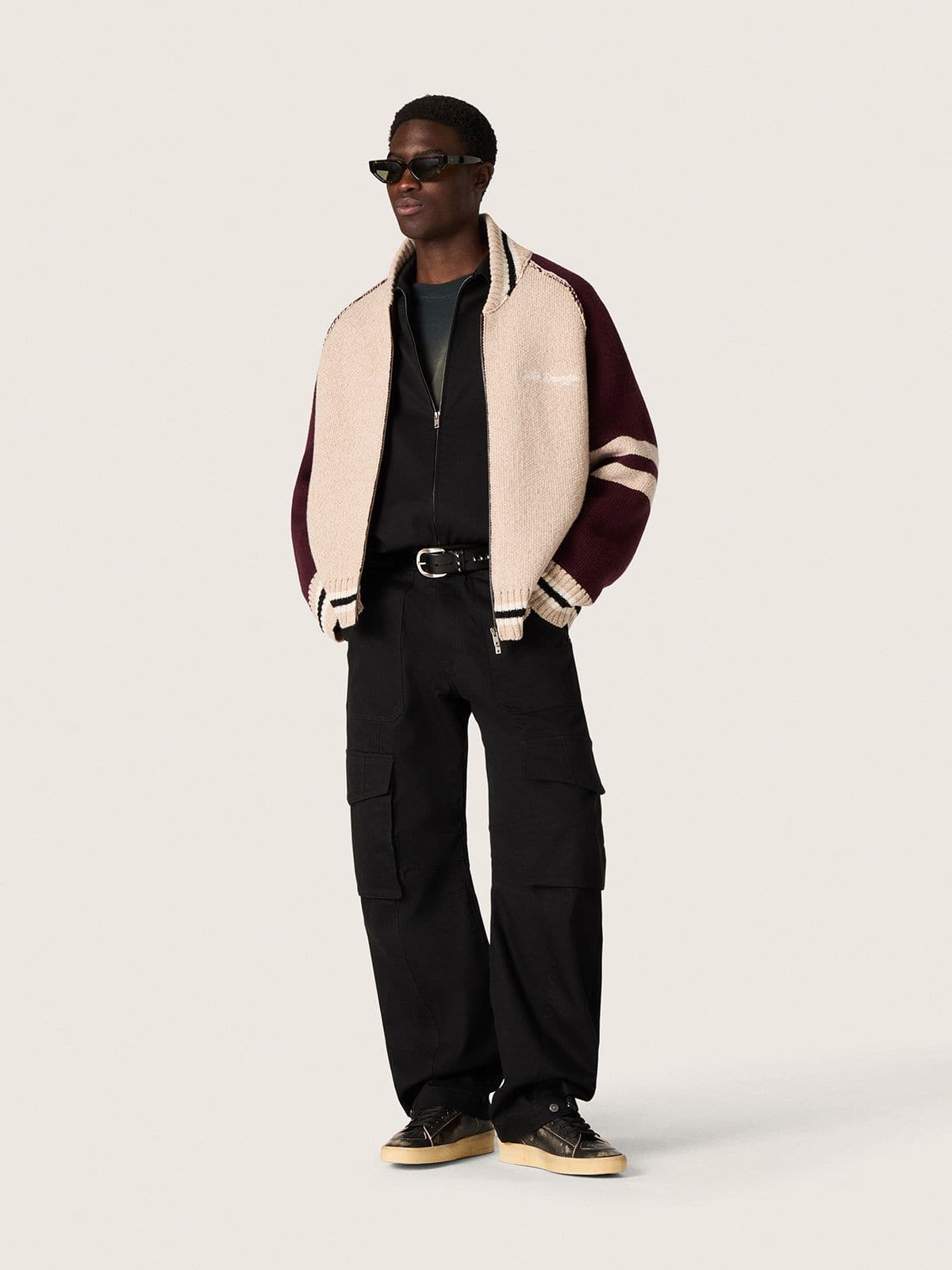 Unisex bomber jacket in white and burgundy jacquard knit | Golden Goose
