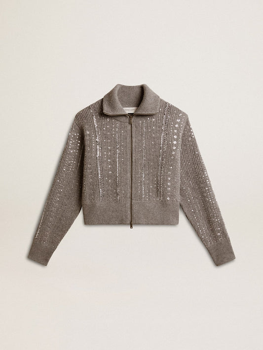 Women's cropped sweater in gray melange wool with sequins | Golden Goose