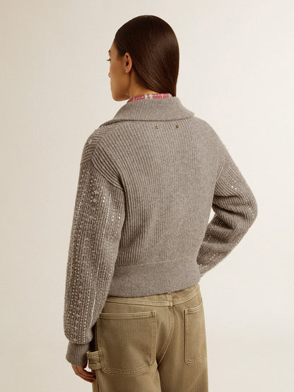 Women's cropped sweater in gray melange wool with sequins | Golden Goose