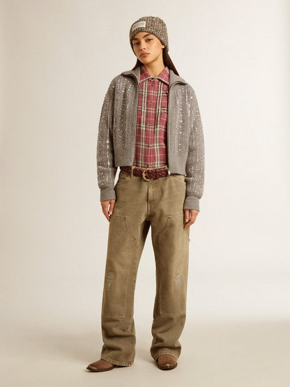 Women's cropped sweater in gray melange wool with sequins | Golden Goose