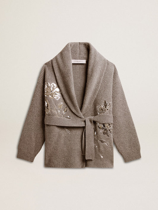 Women's cardigan in gray melange wool with embroidery on the front | Golden Goose