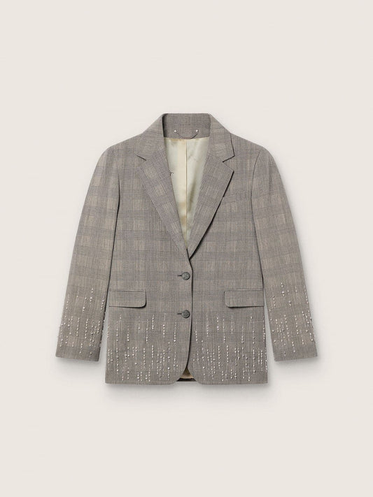 Women's jacket in gray Prince of Wales check with crystal embroidery | Golden Goose