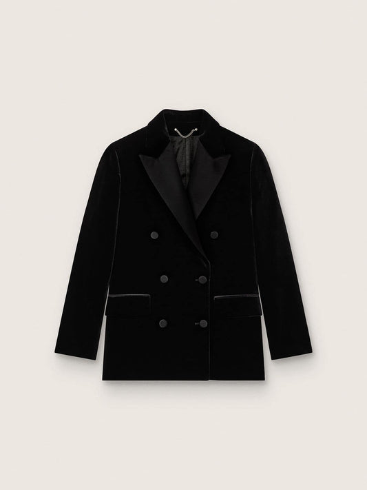 Women's double-breasted jacket in black velvet with black satin lapels | Golden Goose