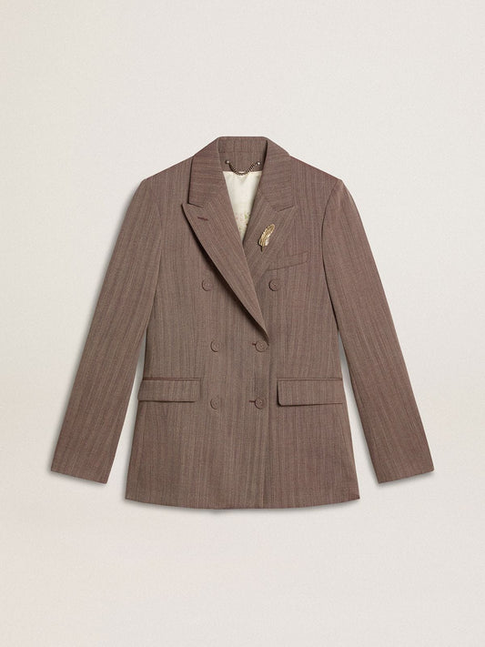 Women's double-breasted blazer in beige chevron wool blend | Golden Goose