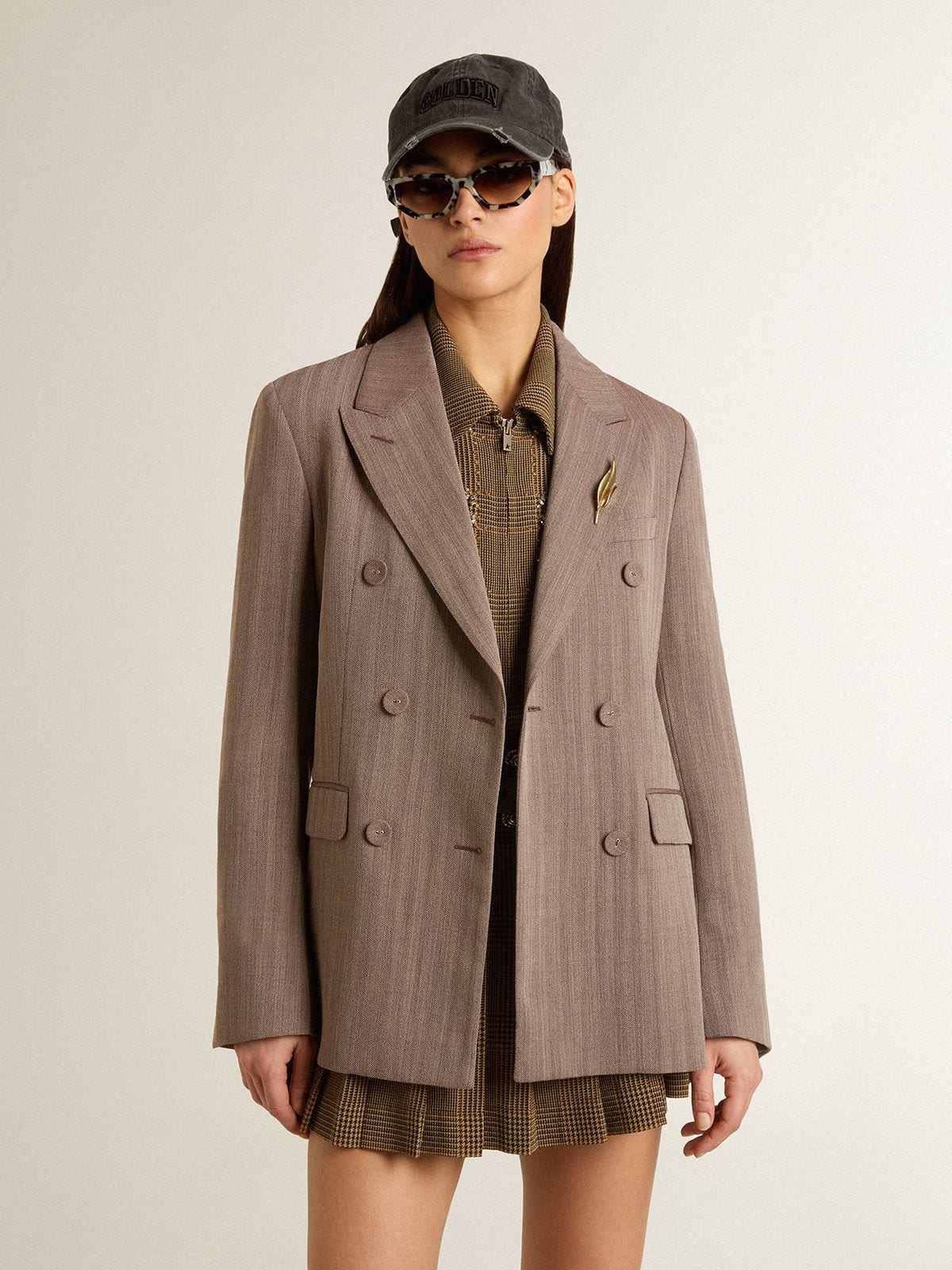 Women's double-breasted blazer in beige chevron wool blend | Golden Goose