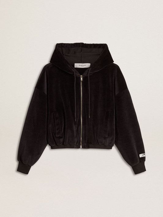 Women's black cotton-blend hoodie with zip | Golden Goose