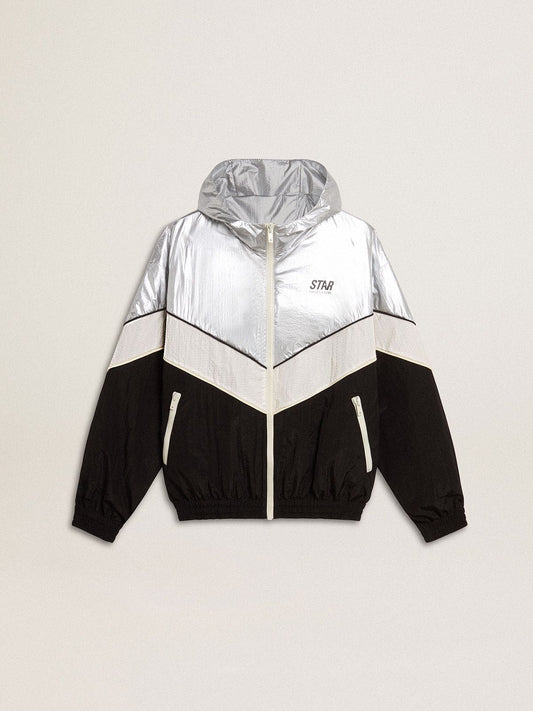Silver, white and black zippered windproof jacket | Golden Goose