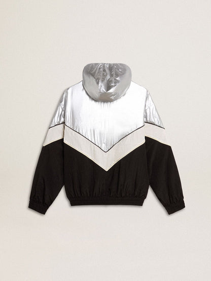 Silver, white and black zippered windproof jacket | Golden Goose