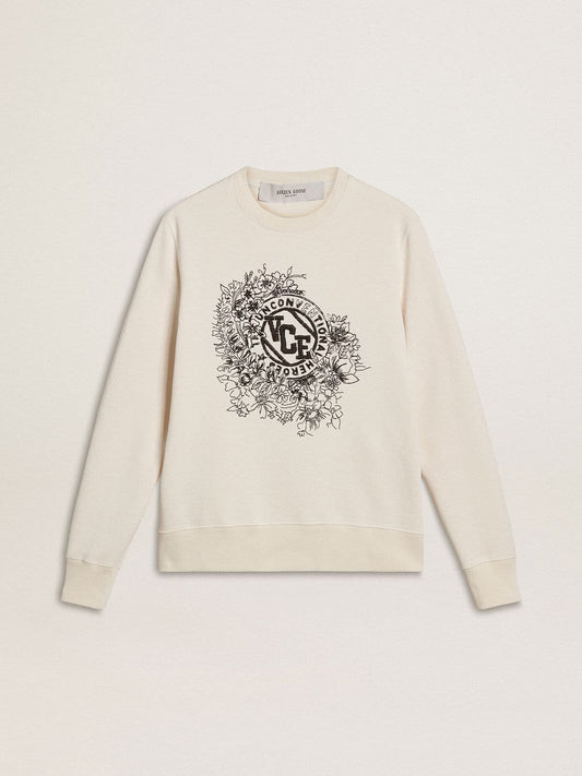 Women’s worn-white cotton sweatshirt with embroidery | Golden Goose