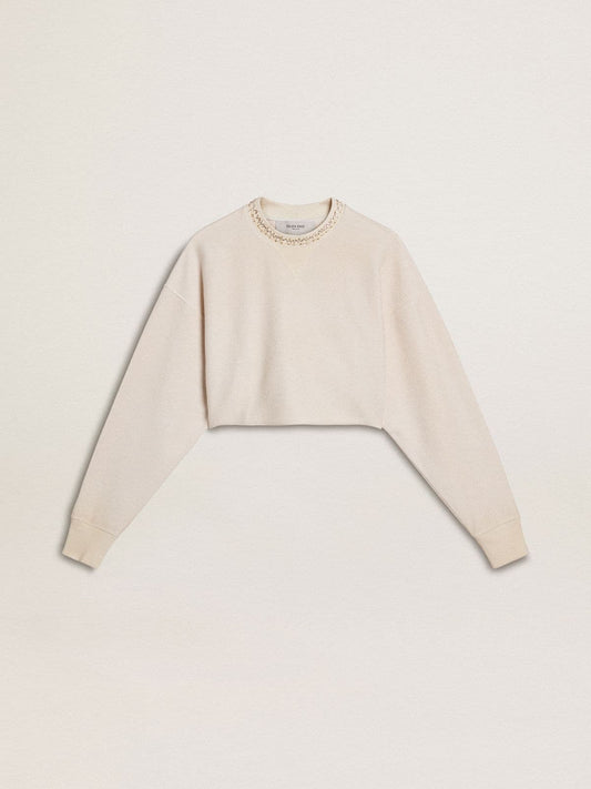 Women's cream cotton cropped sweatshirt with crystals on the front | Golden Goose