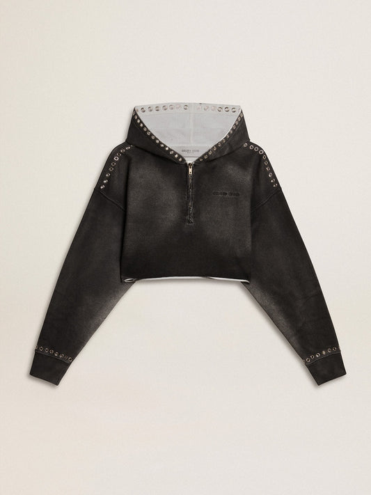 Gray cropped sweatshirt with a lived-in effect | Golden Goose