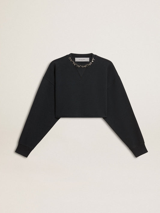 Women's cropped cotton sweatshirt with crystals on the front | Golden Goose