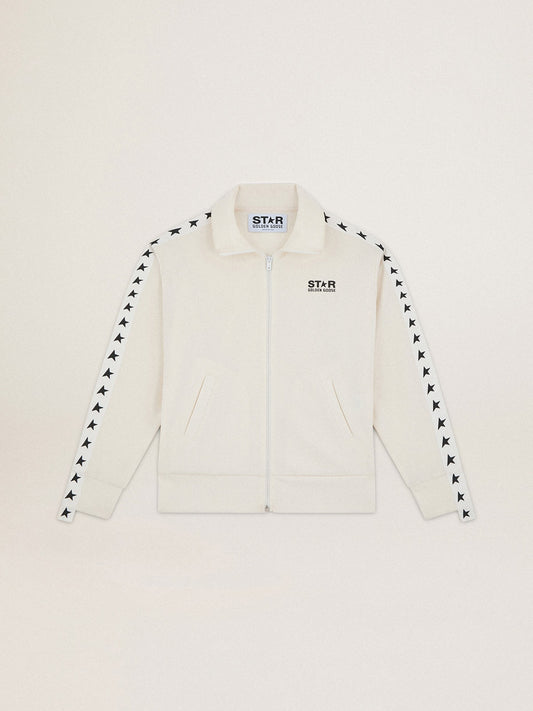 Women’s white zipped sweatshirt with white strip and black stars | Golden Goose