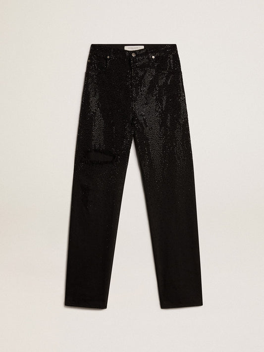 Women’s cotton denim pants with shaded-effect crystal decoration | Golden Goose