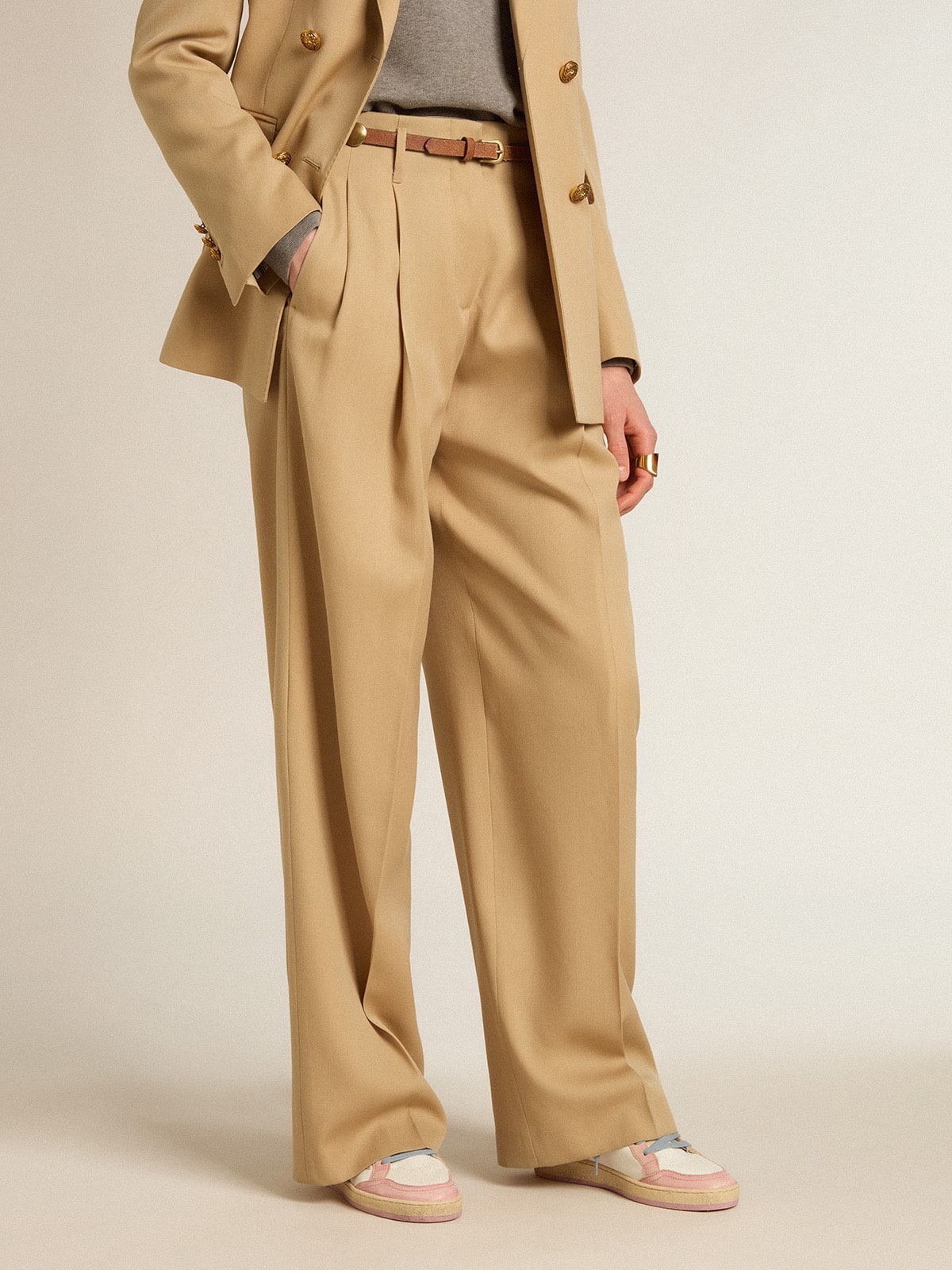 Women’s wool gabardine pants in sand | Golden Goose