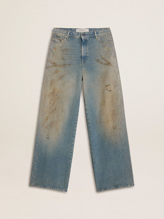 Women's boyfriend jeans with a lived-in effect sand wash and studs | Golden Goose