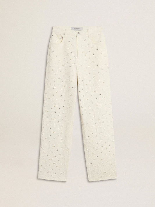 Women's white denim pants with beading and crystals | Golden Goose