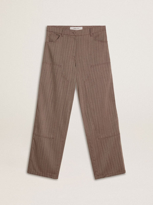 Women’s wool blend pants in light brown micro chevron | Golden Goose
